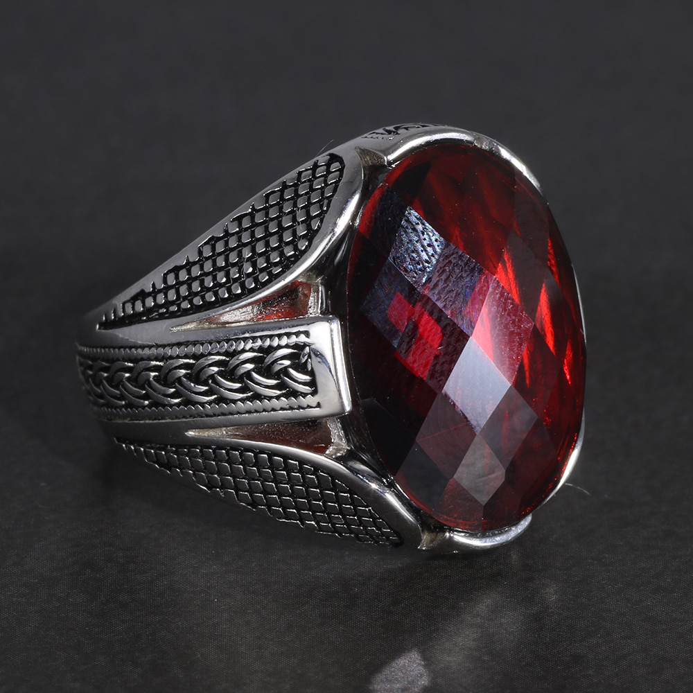 Handmade Ottoman Style Ring Turquoise Stone Jewelry for Men Facet Cut RedBlack Zircon Sterling Silver Men/'s Ring with Chain Motif
