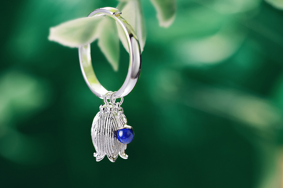 Muduh Collection Real 925 Sterling Silver Natural Lapis Gemstone Creative Vintage Fine Jewelry Fresh Redbud Bell Flower Rings for Women