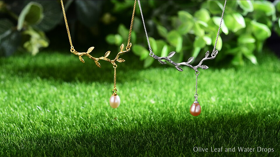 Muduh Collection Real 925 Sterling Silver Natural Pearl Fine Jewelry Water Drops from the Olive Leaves Necklace with Pendant for Women