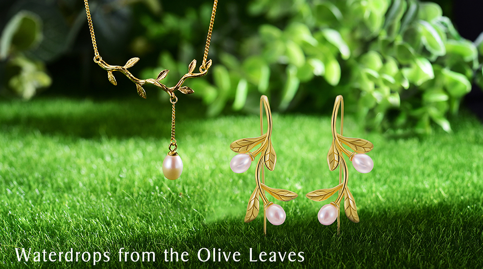 Lotus Fun Real 925 Sterling Silver Natural Pearl Fine Jewelry Waterdrop from Olive Leaves Jewelry Set with Drop Earring Necklace
