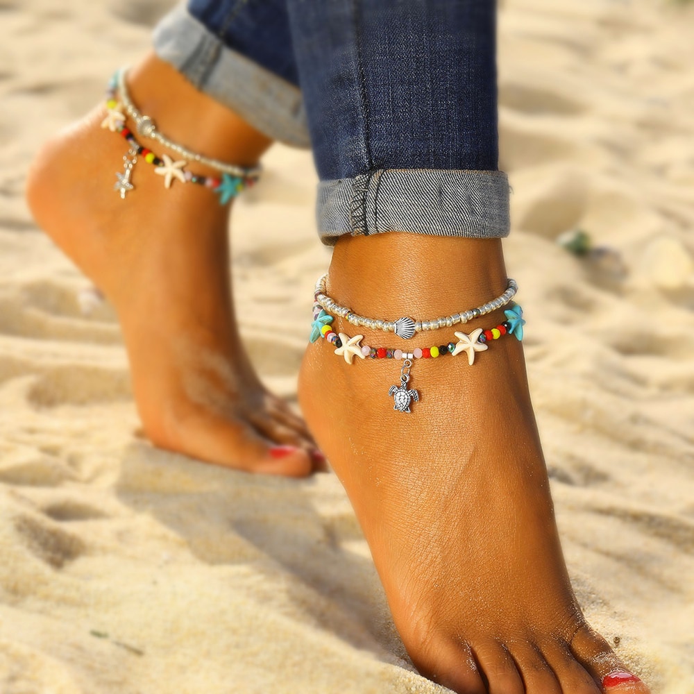 White Prosy Boho Shell/Starfish/Turtle/Anklets Weave Ankle Bracelets Beaded Beach Summer Foot Jewelry Adjustable for Women and Girls